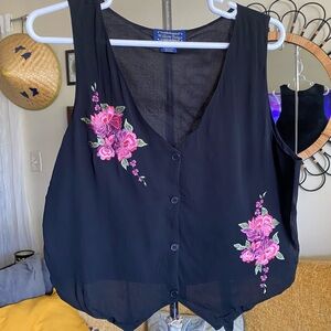 Rose Applique Embroidered Button Front Vest Waistcoat Black Size XL